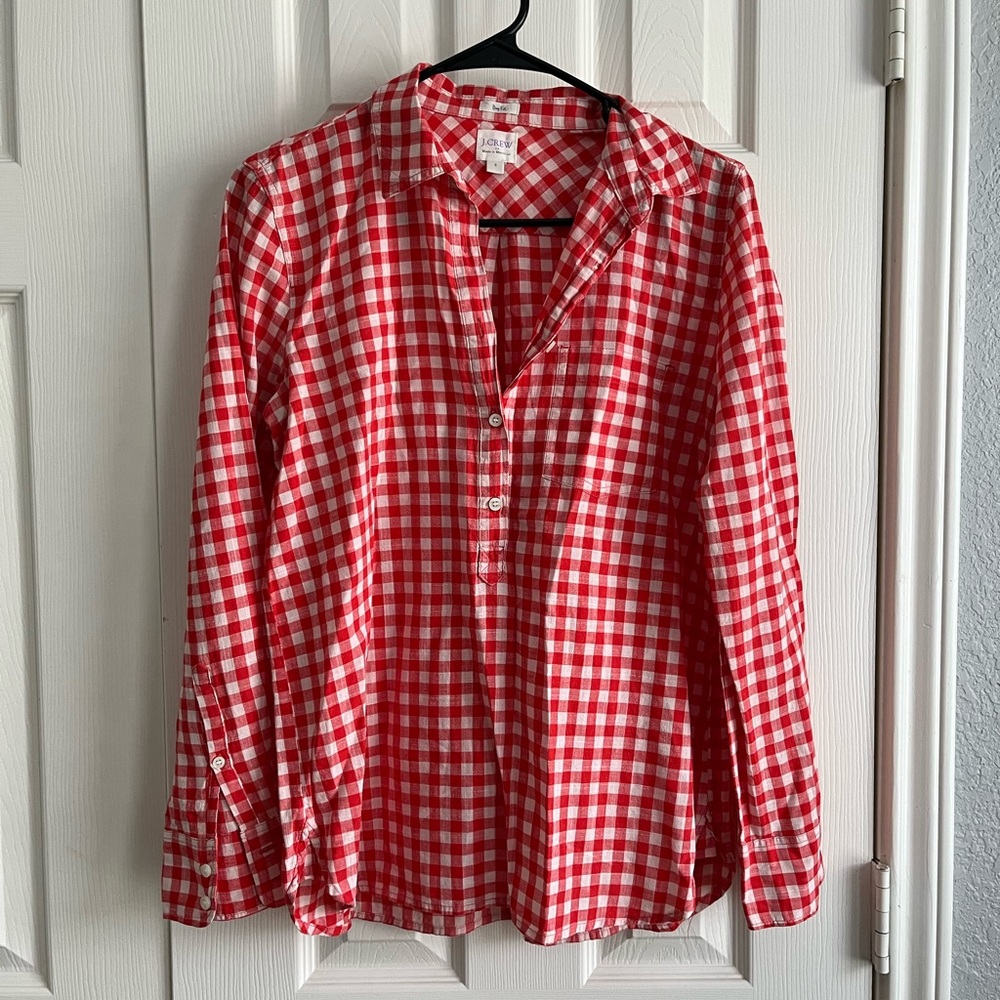 J crew gingham long sleeve shirt, red, small, boy fit